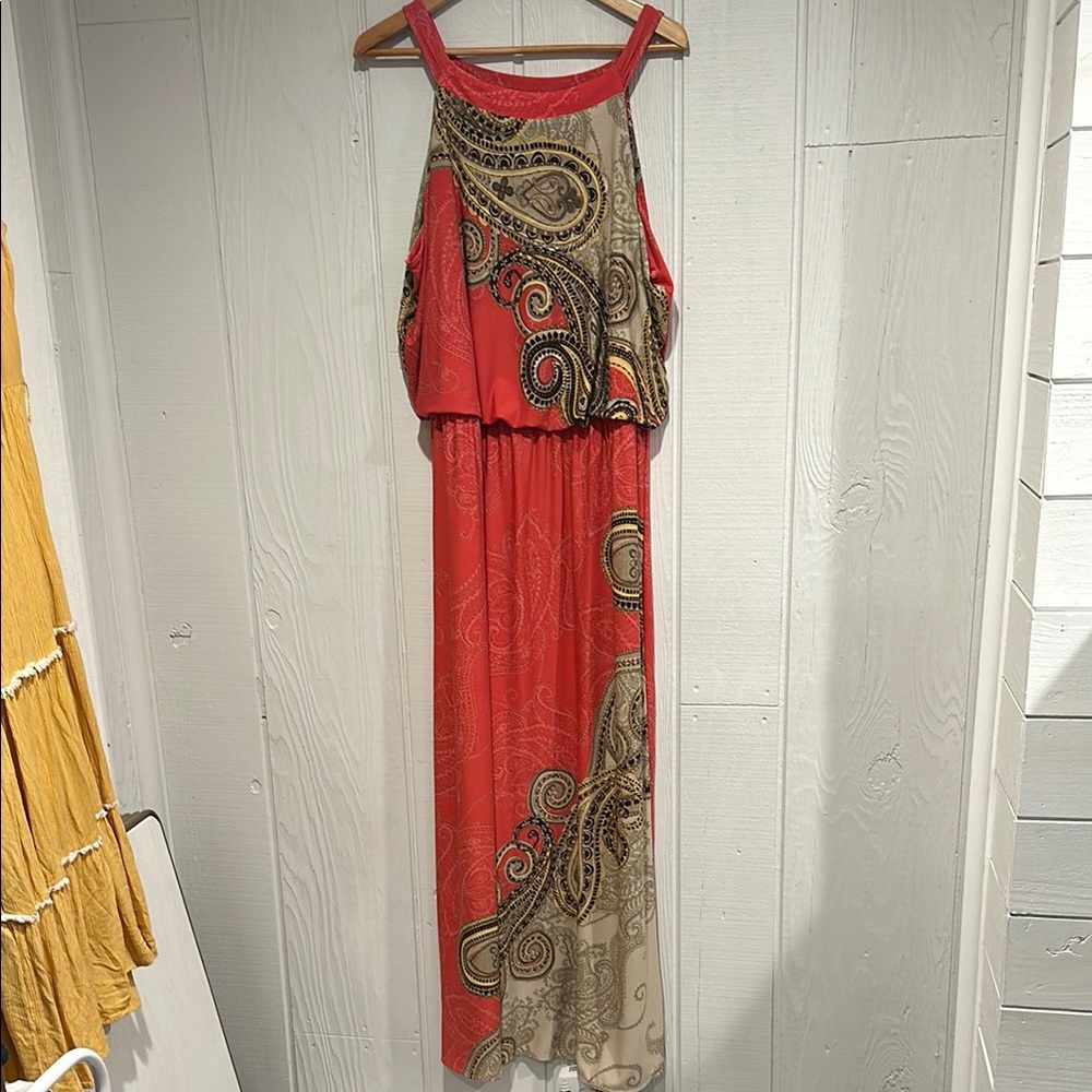 Chicos Paisley Red and Tan Maxi Dress